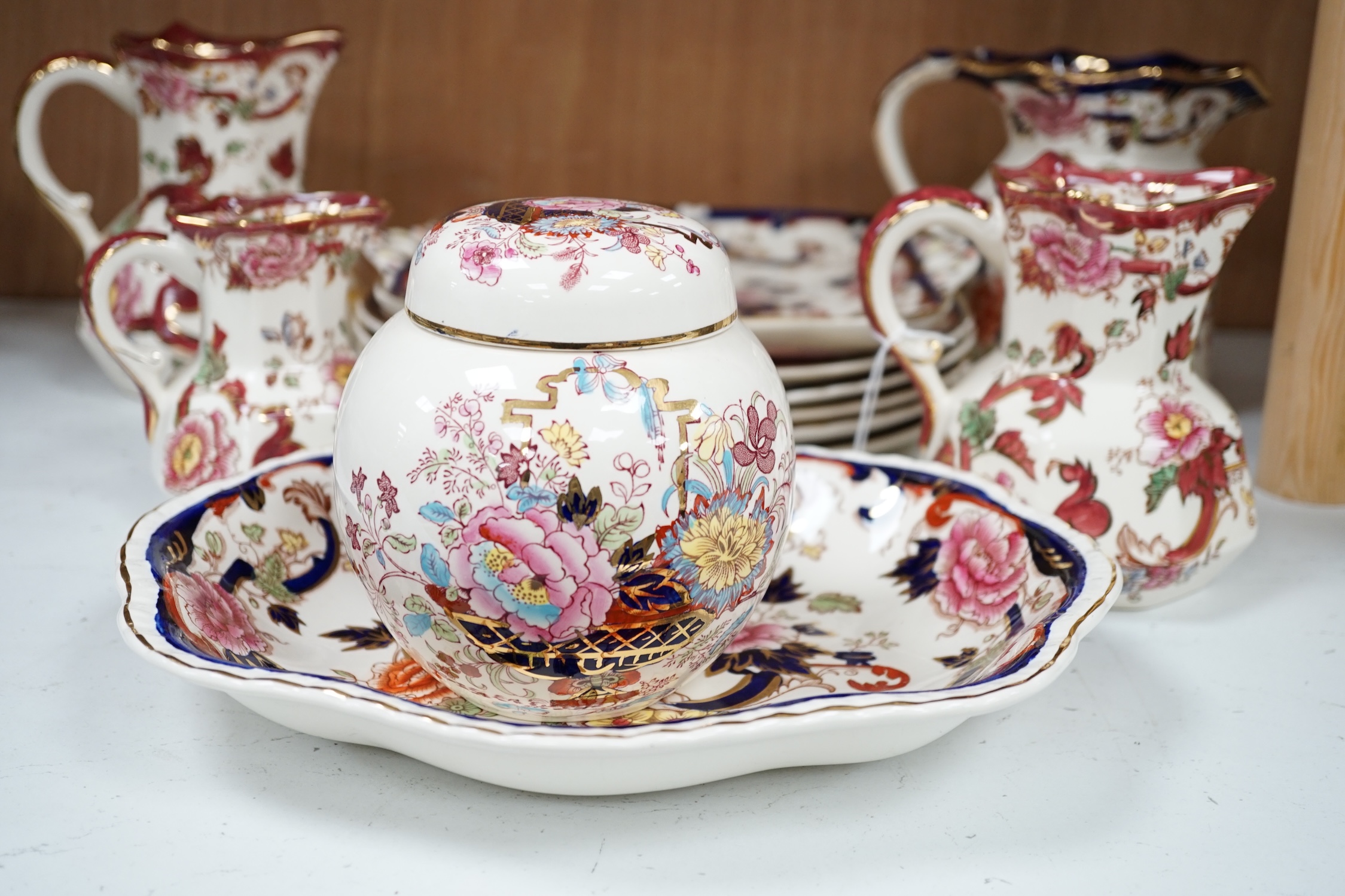 A collection of Mason's ironstone to include plates, jugs and a jar and cover, largest 27cm wide. Condition - mostly fair to good, some chips